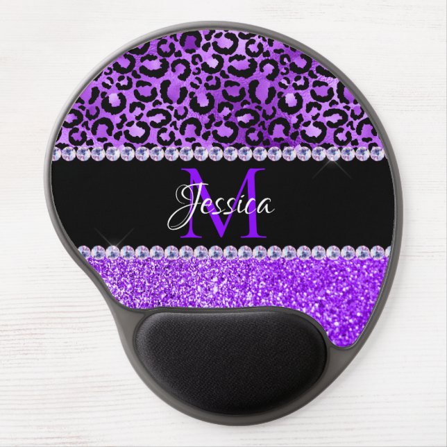Black and Violet Leopard Spots Glam Monogram Gel Mouse Pad (Front)