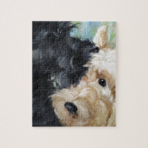 Black and wheaten Scottish terrier scottie art Jigsaw Puzzle