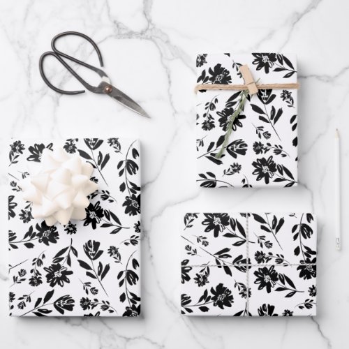 Black and Whit Floral Wrapping Paper Set of 3