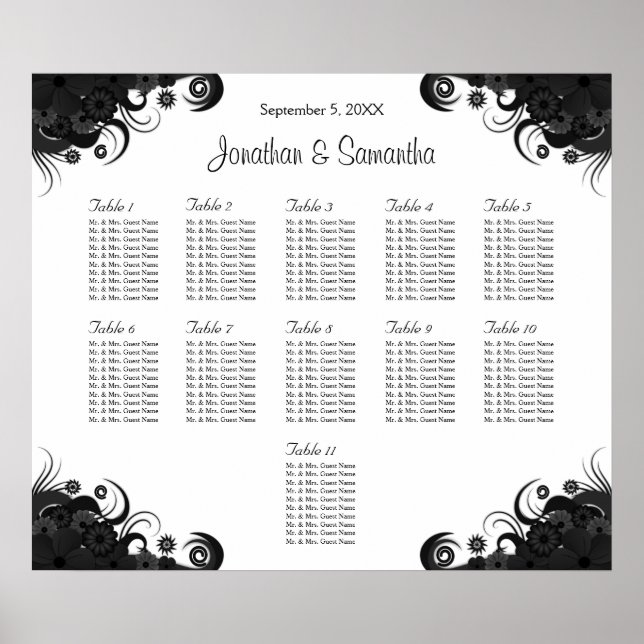 Black and White 11 Wedding Tables Seating Charts (Front)