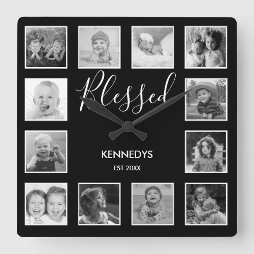 Black And White 12 Photo Collage Blessed Family Square Wall Clock