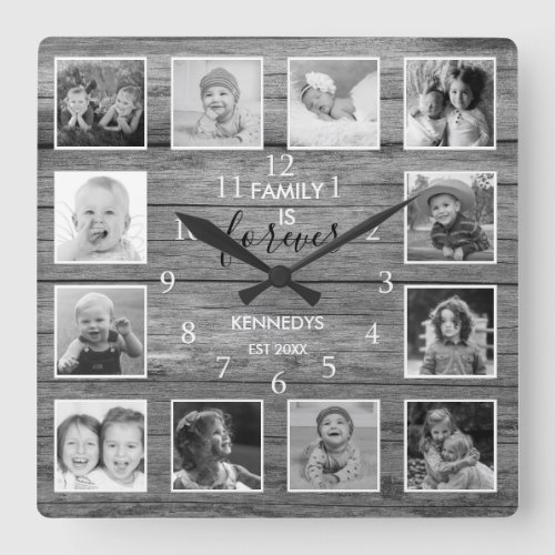 Black And White 12 Photo Collage Family Name Wood  Square Wall Clock