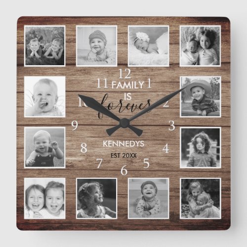 Black And White 12 Photo Collage Family Name Wood Square Wall Clock