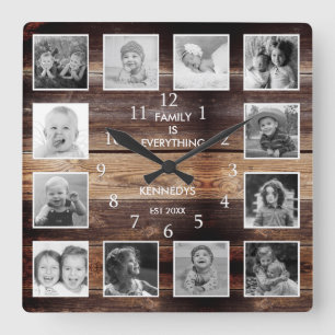 Black And White 12 Photo Collage Family Quote Wood Square Wall Clock