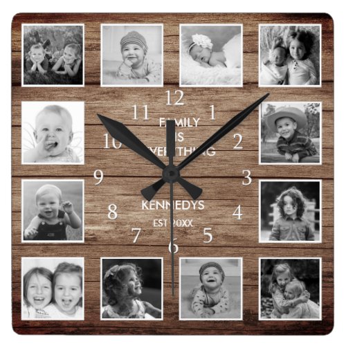 Black And White 12 Photo Collage Family Quote Wood Square Wall Clock