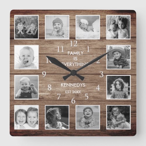 Black And White 12 Photo Collage Family Quote Wood Square Wall Clock