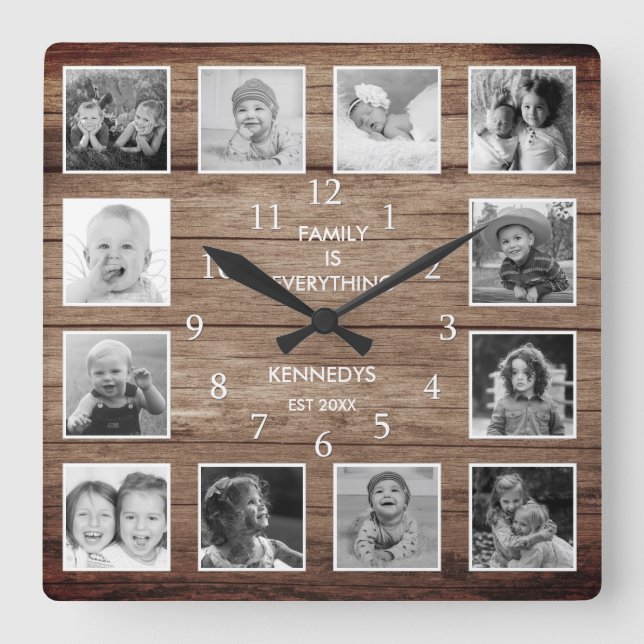 Black And White 12 Photo Collage Family Quote Wood Square Wall Clock (Front)