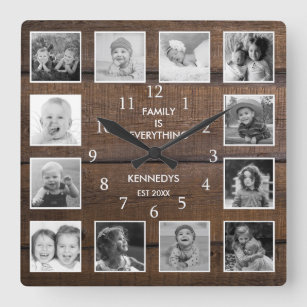Black And White 12 Photo Family Quote Brown Wood Square Wall Clock