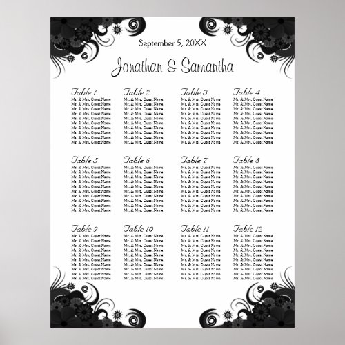 Black and White 12 Wedding Tables Seating Charts