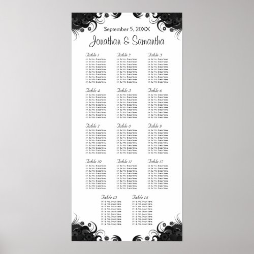 Black and White 14 Wedding Tables Seating Charts