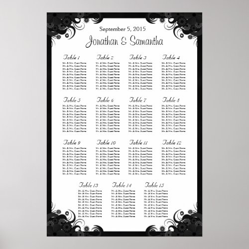 Black and White 15 Wedding Tables Seating Charts