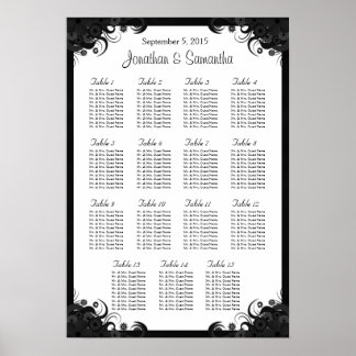 Black and White 15 Wedding Tables Seating Charts Poster