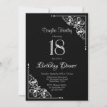 Black and White 18th Birthday Dinner Invitation<br><div class="desc">A black and white 18th birthday dinner invitation featuring ornate lace diagonal corners to frame the white text.</div>