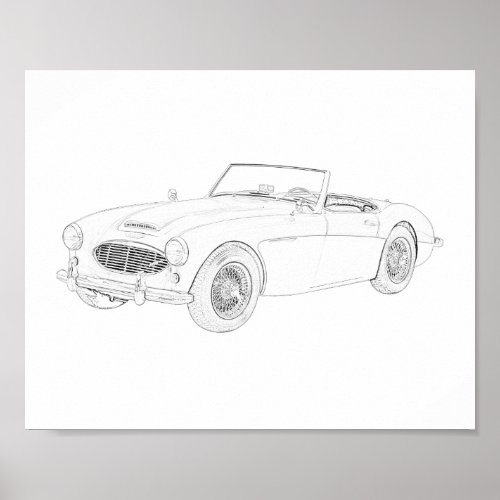 Black and White 1960 Austin Healey Drawing Poster