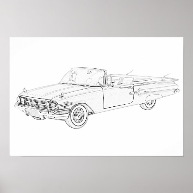 Black and White 1960 Chevy Impala Convertible Poster (Front)
