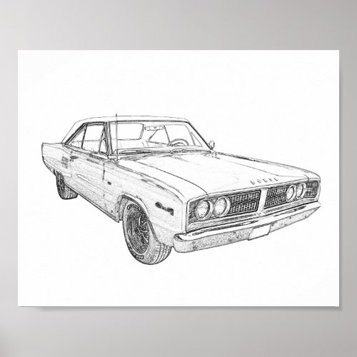 Black and White 1966 Dodge Coronet Pencil Drawing Poster