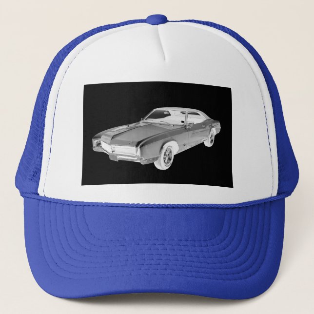 Black And White 1967 Buick Riviera Pop Art Trucker Hat (Front)