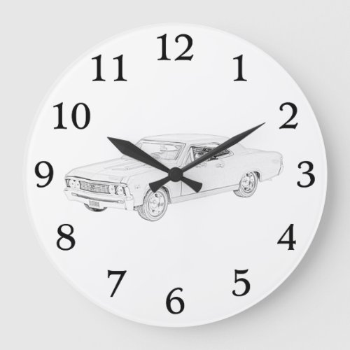 Black and White 1967 Chevy Chevelle Muscle Car Large Clock