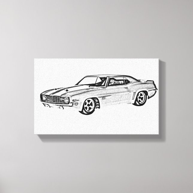 Black and White 1969 Camaro Z28 Illustration Canvas Print (Front)