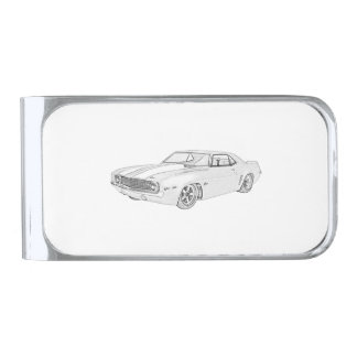 Black and White 1969 Chevrolet Camaro Drawing Silver Finish Money Clip
