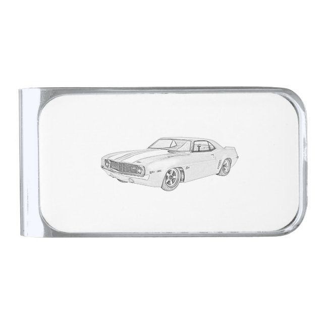 Black and White 1969 Chevrolet Camaro Drawing Silver Finish Money Clip (Front)