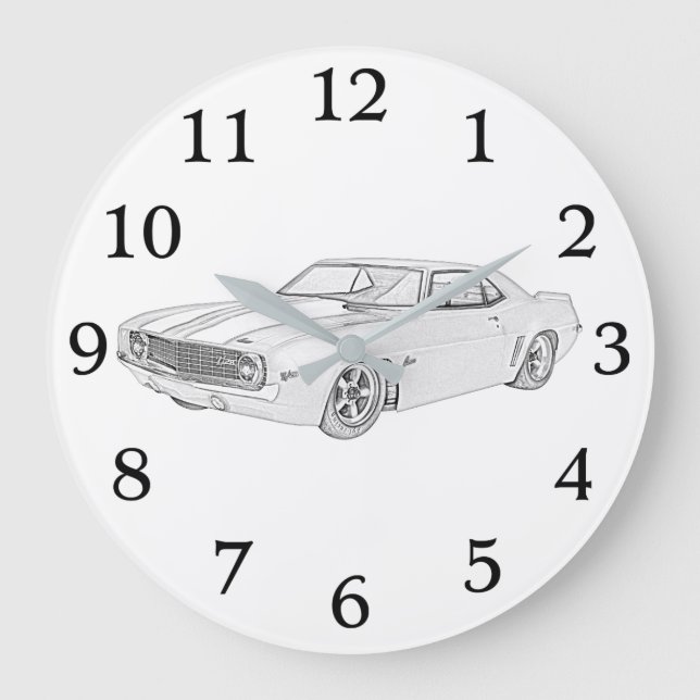 Black and White 1969 Chevy Camaro Rendering Large Clock (Front)