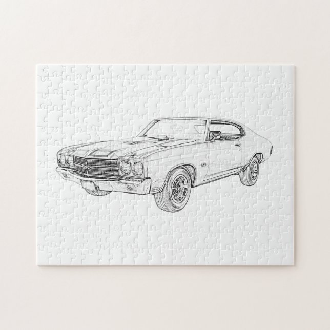 Black and White 1970 Chevrolet Chevelle Drawing Jigsaw Puzzle (Horizontal)