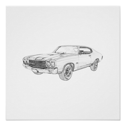 Black and White 1970 chevy chevelle Pencil Drawing Poster