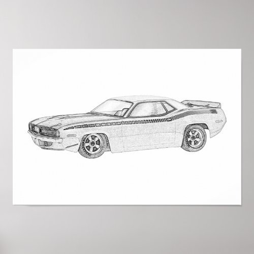 Black and White 1970 Plymouth Barracuda Drawing Poster