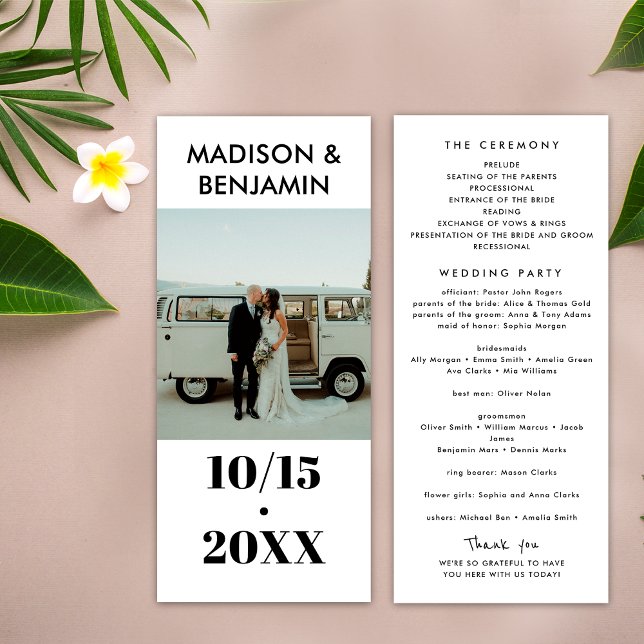 Black and White 1 Photo Bold Minimalist Wedding Program (Front / Back)