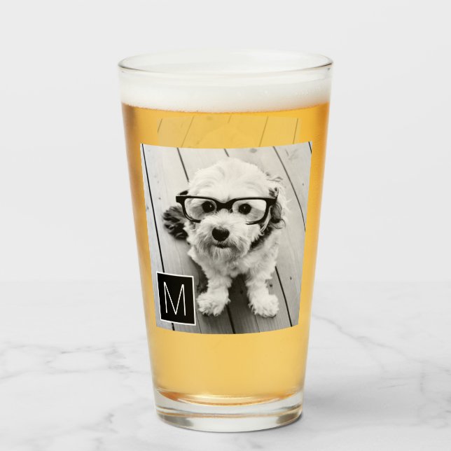 Black and White 1 Photo Collage Custom Monogram Glass (Front Filled)