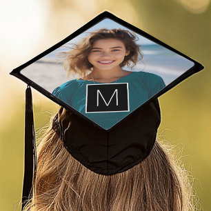 Black and White 1 Photo Collage Custom Monogram Graduation Cap Topper