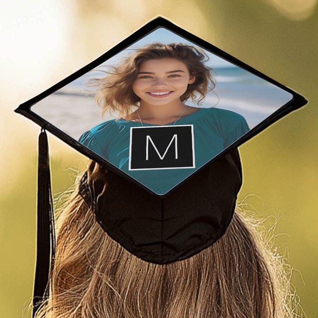 Black and White 1 Photo Collage Custom Monogram Graduation Cap Topper (Custom Graduation Cap Topper)