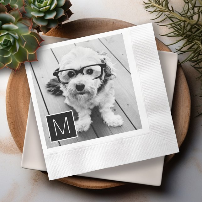 Black and White 1 Photo Collage Custom Monogram Paper Napkins (Personalized Photo Napkins)