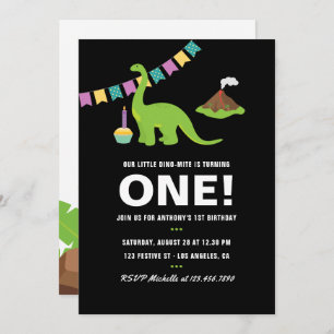 Black and white 1st Birthday Dinosaur themed Party Invitation