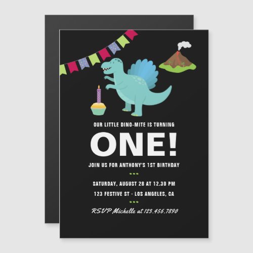 Black and white 1st Birthday Dinosaur themed Party Magnetic Invitation