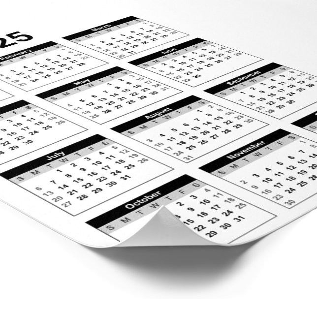 Black and White 2025 Year At A Glance Calendar Poster
