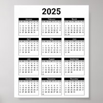 Simple Black & White 2024 Year At Glance Calendar Poster