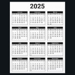 Black and White 2025 Yearly Calendar Paper Sheet<br><div class="desc">Get yourself organized with this simple easy-to-read,  black and white,  United States 2025 Year at a Glance calendar.</div>