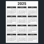 Black and White 2025 Yearly Calendar Paper Sheet<br><div class="desc">Get yourself organized with this simple easy-to-read,  black and white,  United States 2025 Year at a Glance calendar.</div>