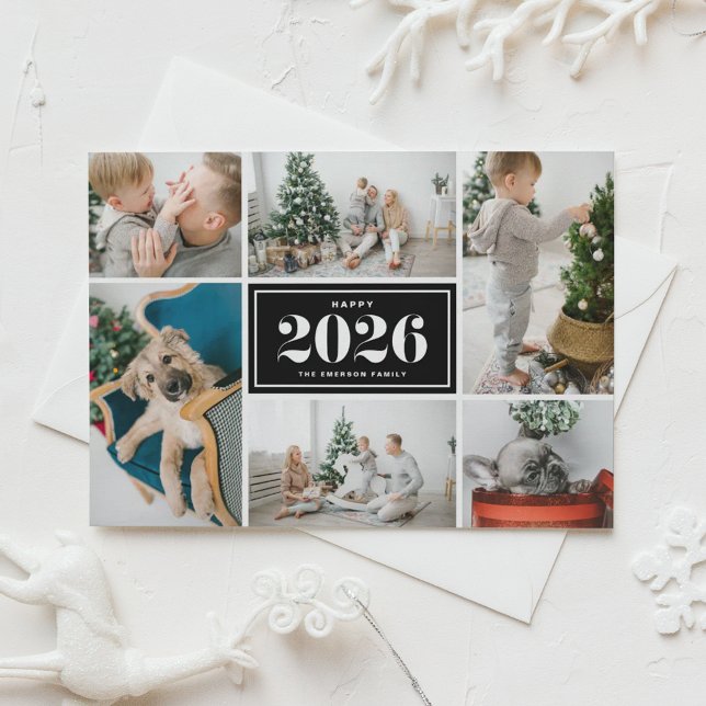 Black and White 2026 Happy New Year Photo Collage Holiday Card (Send 2026 new year cheer with this black and white photo collage Happy New Year Photo Card. )