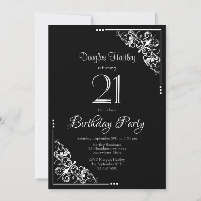 Black and White 21st Birthday Party Invitation (Front)