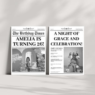 Black and white 26th Birthday Newspaper Photo Invitation