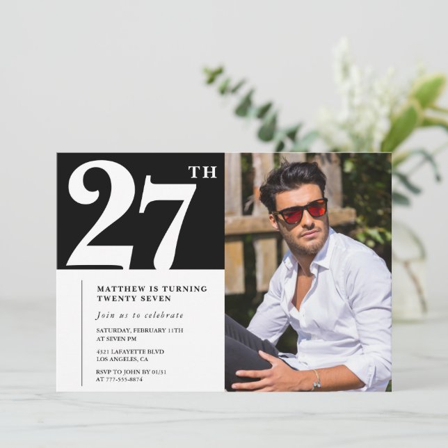 Black and White 27th birthday Invitations (Standing Front)