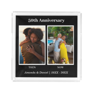 Black and White 2 Photo Collage Anniversary Acrylic Tray