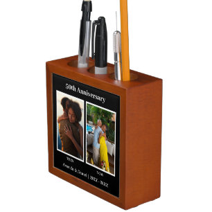Black and White 2 Photo Collage Anniversary Desk Organizer