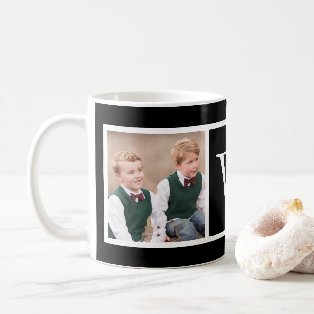 Black and White 2 Photo Collage Family Monogram Coffee Mug (With Donut)