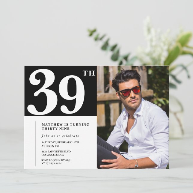 Black and White 39th birthday Invitations Photo (Standing Front)