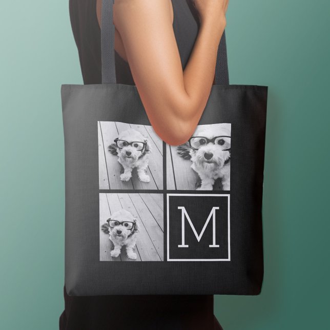 Black and White 3 Photo Collage Custom Monogram Tote Bag (Personalized tote bag - add your name or other text)