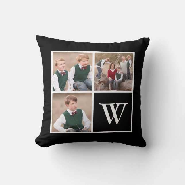 Black and White 3 Photo Collage Family Monogram Throw Pillow (Front)